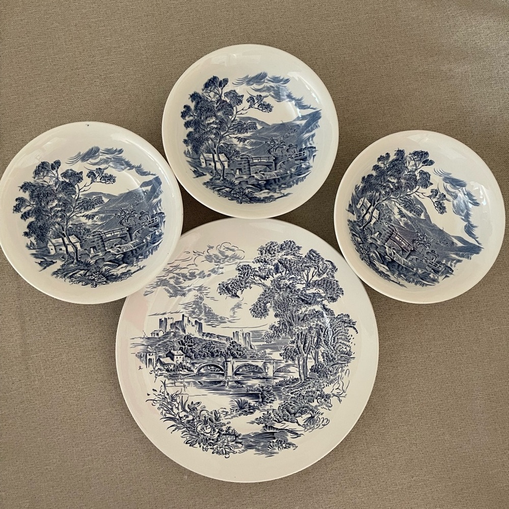 Vintage Enoch Wedgewood Country Blue Landscape Painting 1plate 3bowls